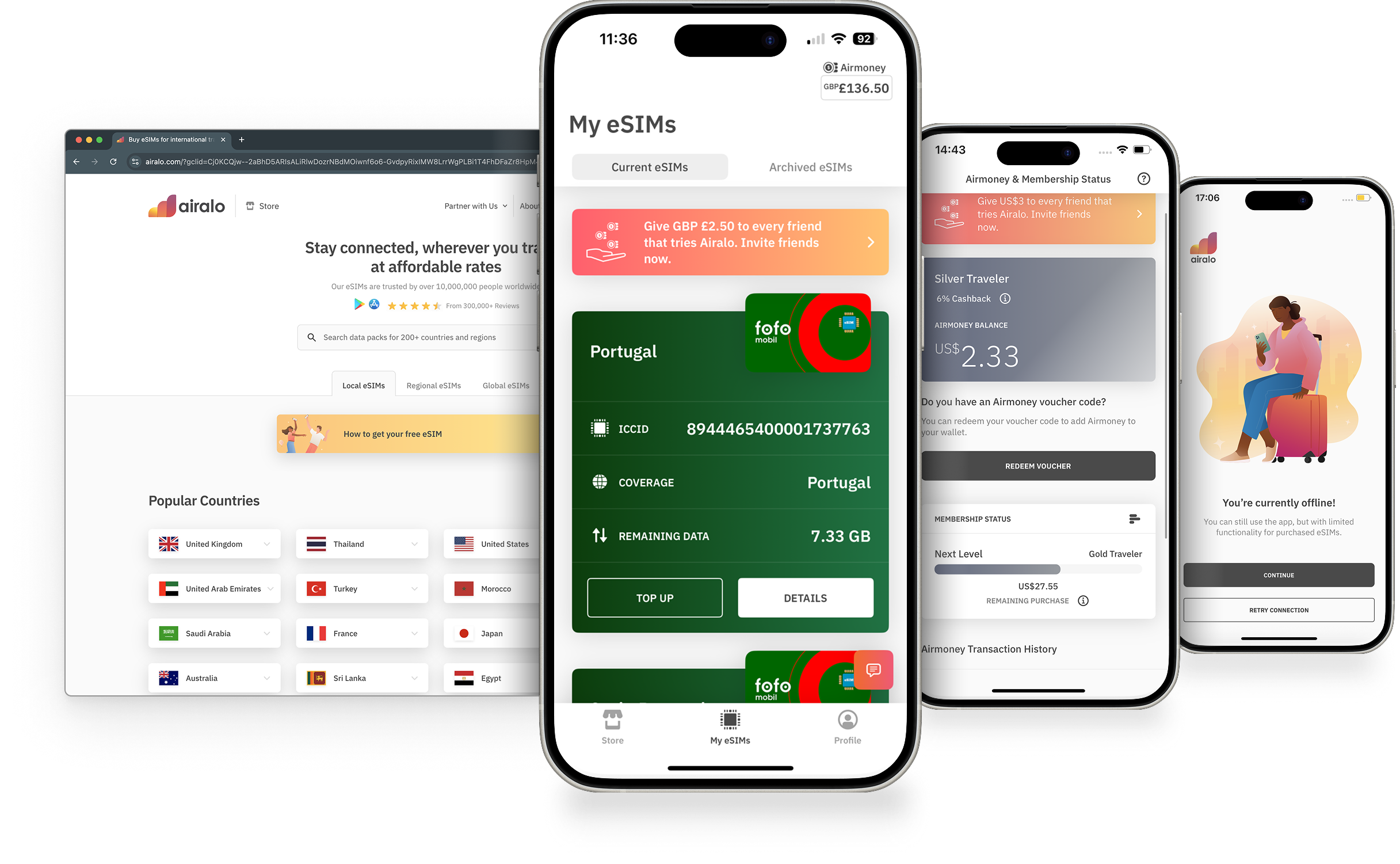 Three screens from the v1 Airalo app: an offline state, the My eSIMs list with a green Portugal eSIM card, and the Airmoney membership status screen. Plus a screen of the old homepage.