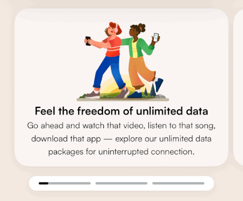 Animated hero carousel card reading Feel the freedom of unlimited data, with an illustration of two travellers