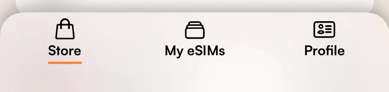 Animated bottom navigation bar with Store, My eSIMs and Profile tabs