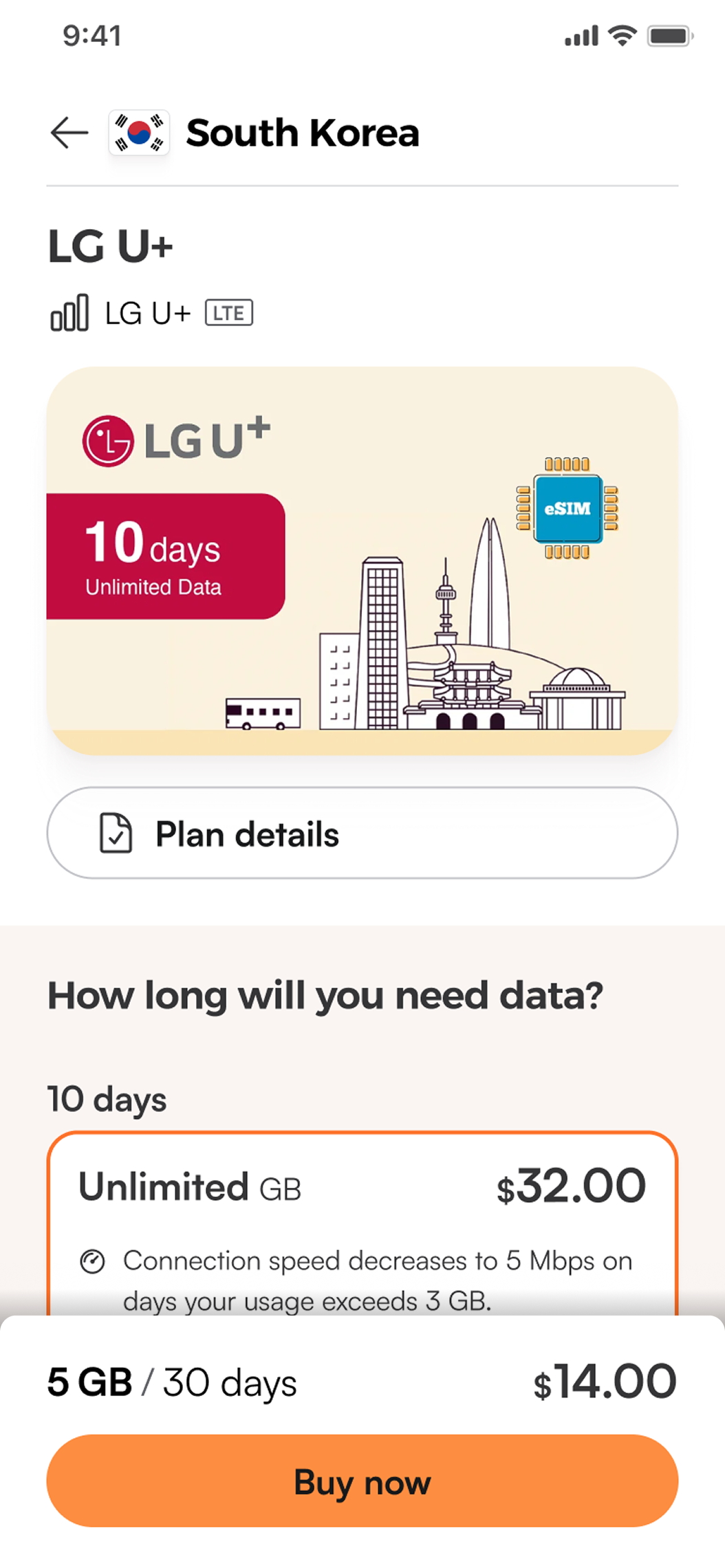 Early app concept of a South Korea package page with duration options and a Buy now bar