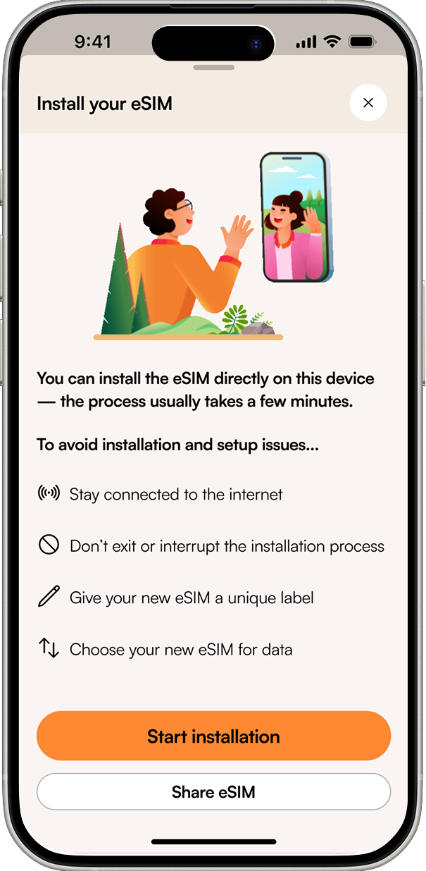 Install your eSIM screen listing tips such as staying connected to the internet and not interrupting installation