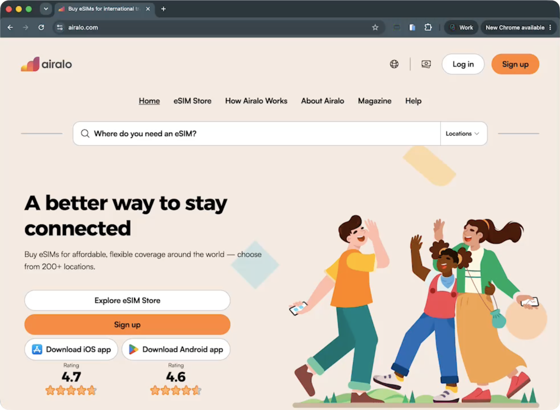 Airalo homepage with the headline A better way to stay connected and a prominent destination search